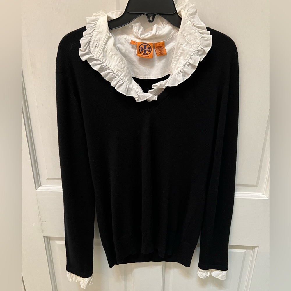 NWOT Tory Burch Sweater with White Ruffle Neckline